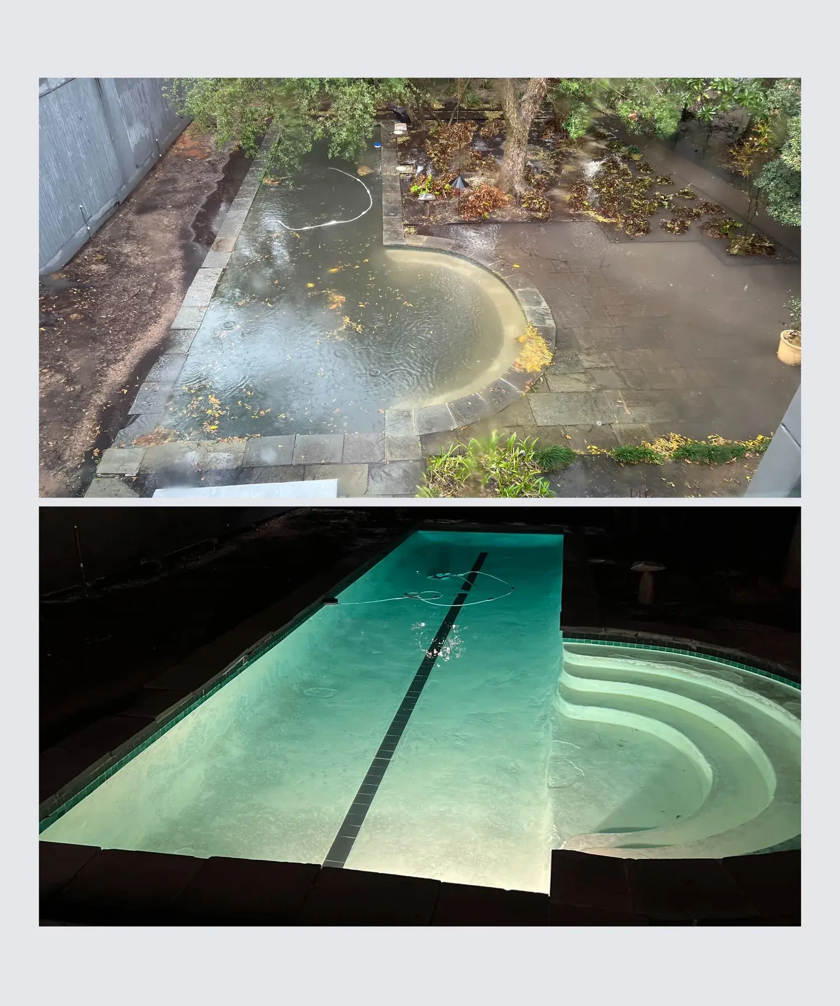 Before and after of an East Texas swimming pool renovation completed by Sam Houston Pools and Outdoors